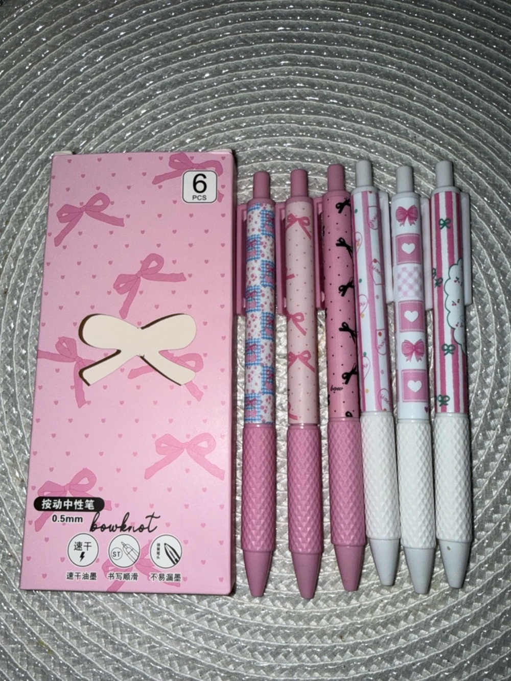 Pink Bow Pattern Ballpoint 6 Pack Pen Set